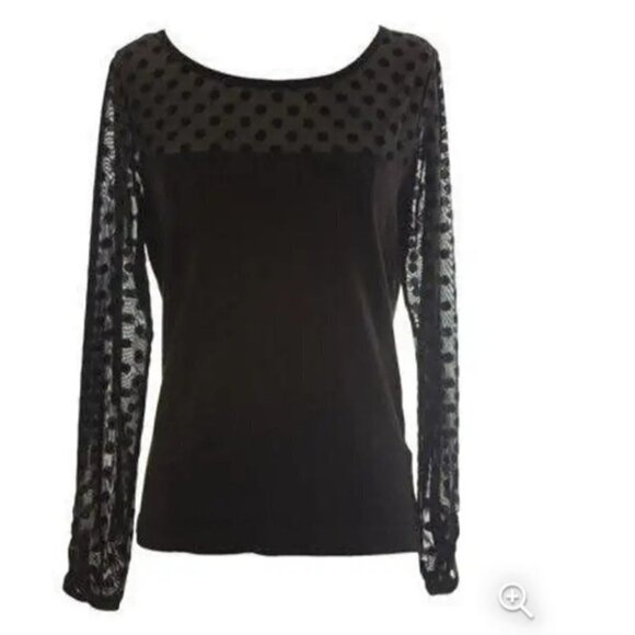 August Silk Black Polka Dot Sheer Sleeve Top Size M - Picture 1 of 9